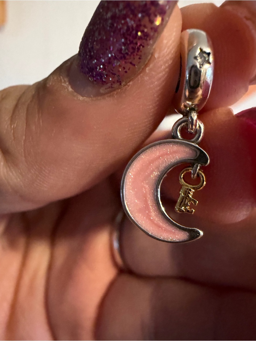 Pandora Pink Crescent Moon Charm with Gold Key Accent